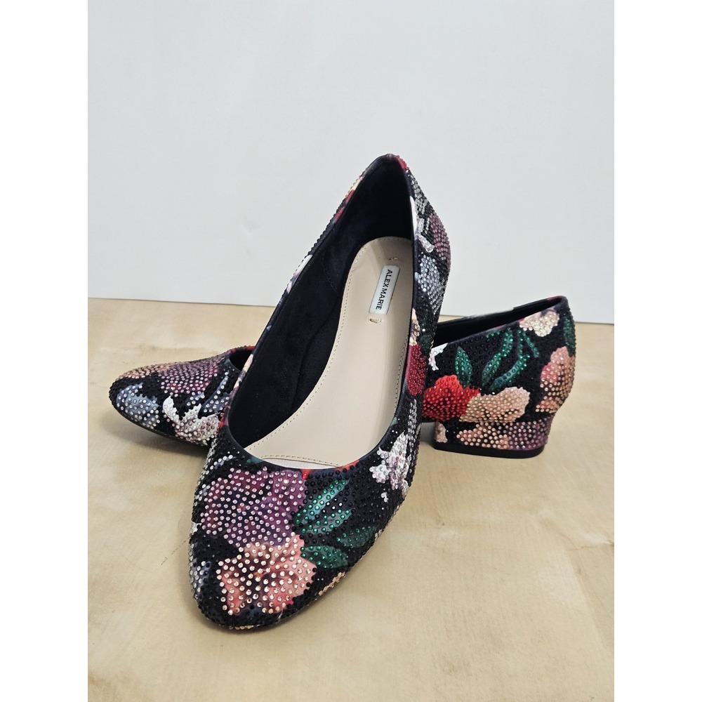 Alex Marie Floral Rhinestone Low Block Heel Pumps Shimmer Evening Shoes Size 8